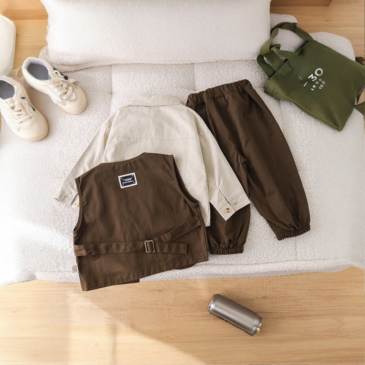 Boys Brown Sleeveless Vest With Long Sleeve Shirt & Trousers Set Sets