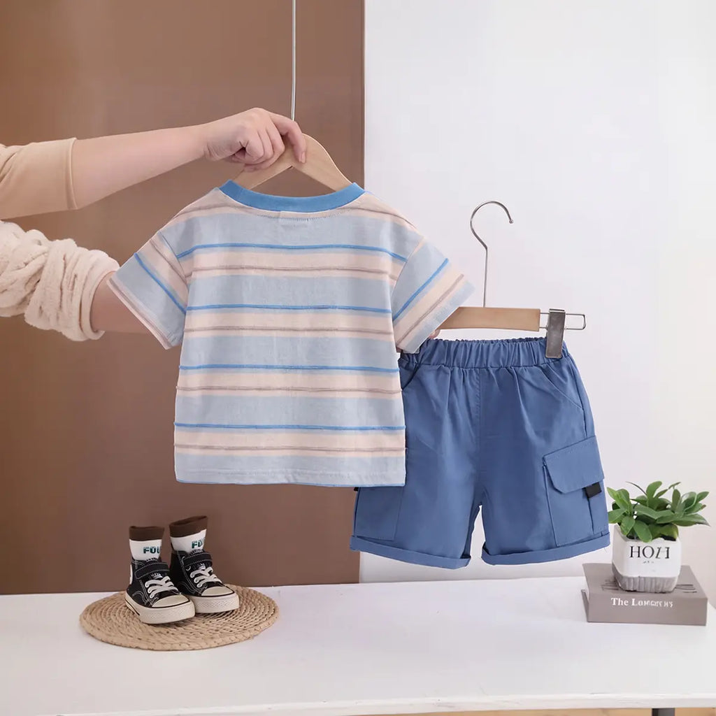 Boys Blue Bear Pocket Striped T-Shirt With Cargo Shorts Sets 2 pc. Sets