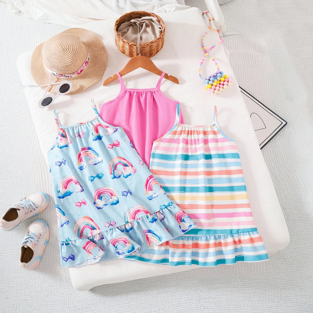 Girls Multicolor Sleeveless Flared A-line Dresses Pack Of 3 Casual Dresses Multicolor 3-4 Y