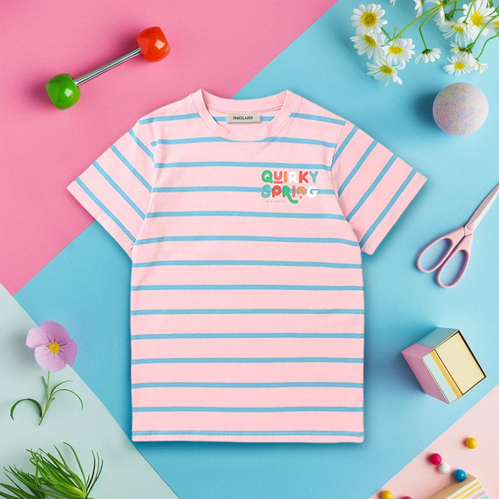 Girls Striped Short Sleeves T-Shirt Tshirts Pink 6-7 Y 