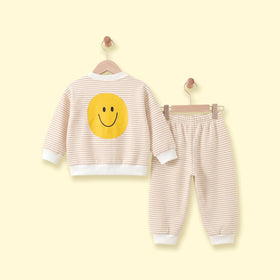 Girls Yellow Striped Smiley Printed Sweatshirt & Joggers Sets Sets