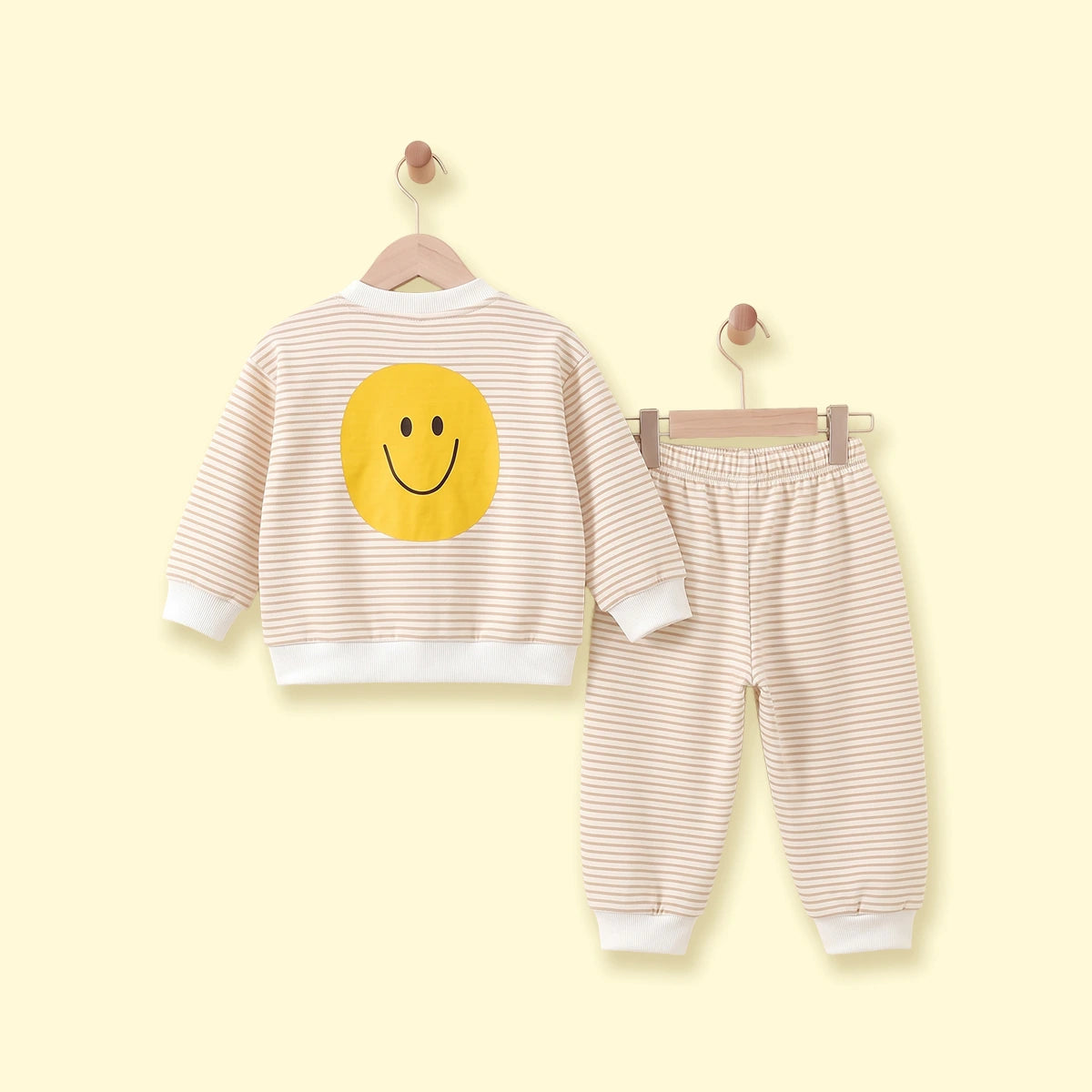Girls Yellow Striped Smiley Printed Sweatshirt & Joggers Sets Sets
