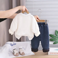 Boys White Typographic Printed Sweatshirt With Denim Pants Set Sets