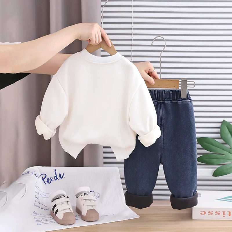 Boys White Typographic Printed Sweatshirt With Denim Pants Set Sets