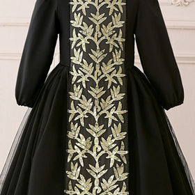 Girls Black Embroidered Maxi Dress With Puff Sleeves Casual Dresses