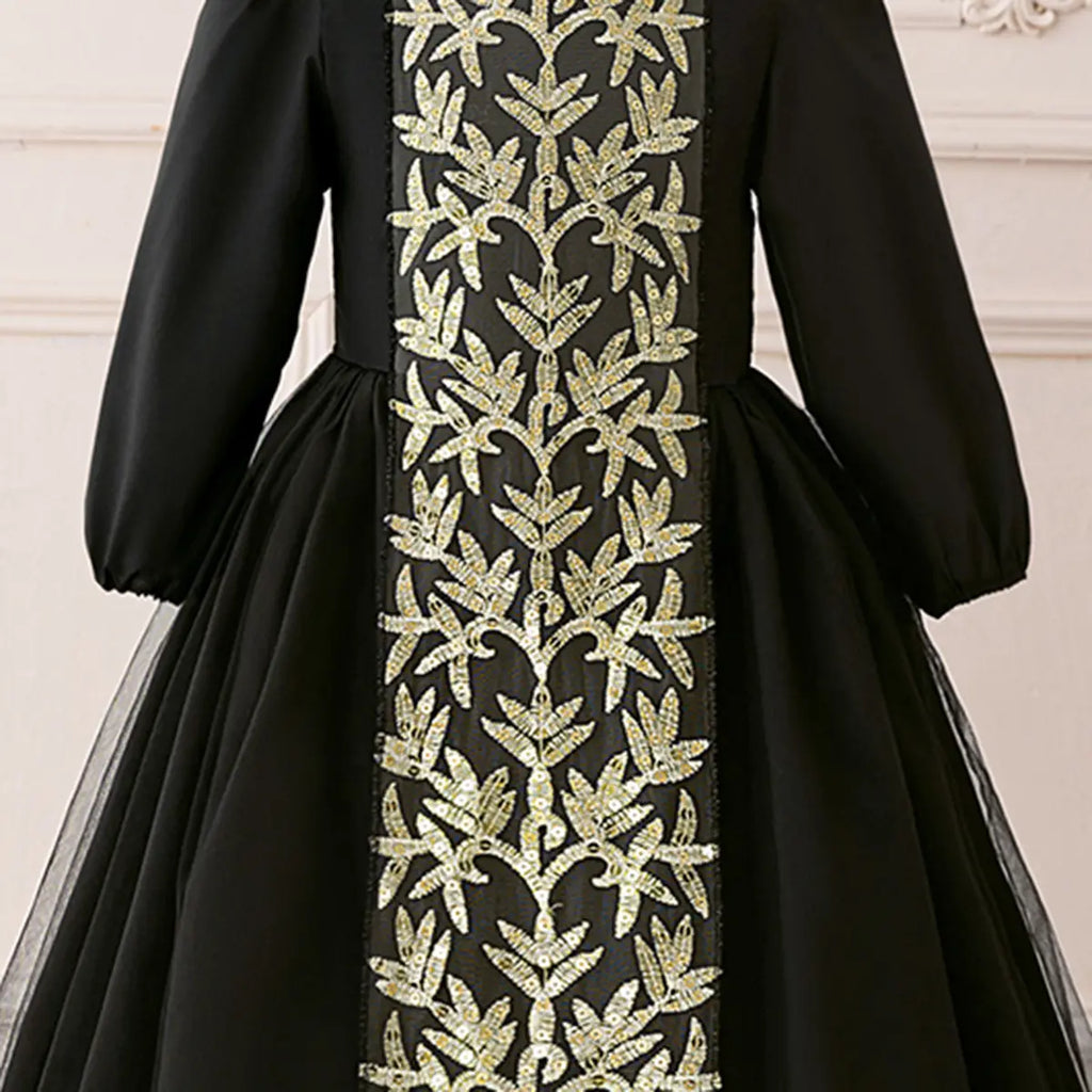 Girls Black Embroidered Maxi Dress With Puff Sleeves Casual Dresses
