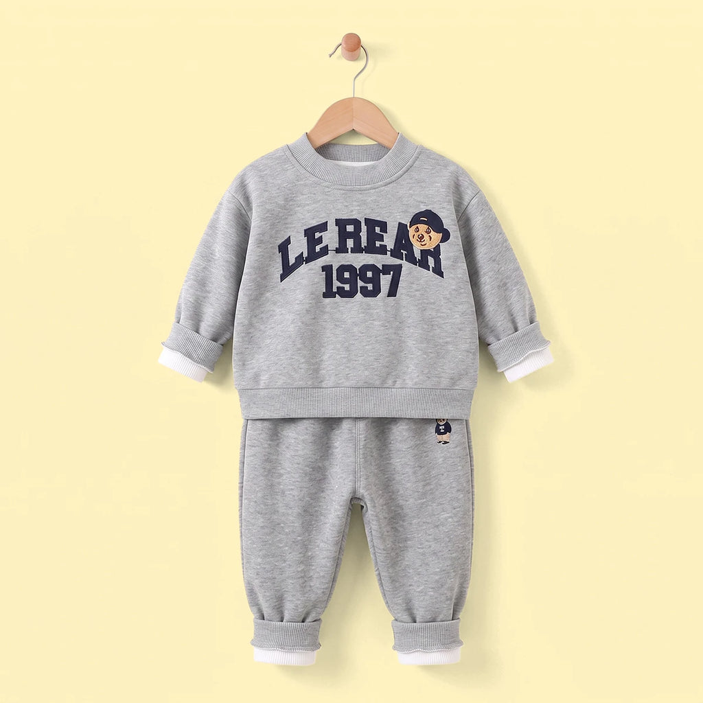Boys Grey Typographic Embroidered Sweatshirt With Pants Set 2 pc. Sets Grey 1-2 Y