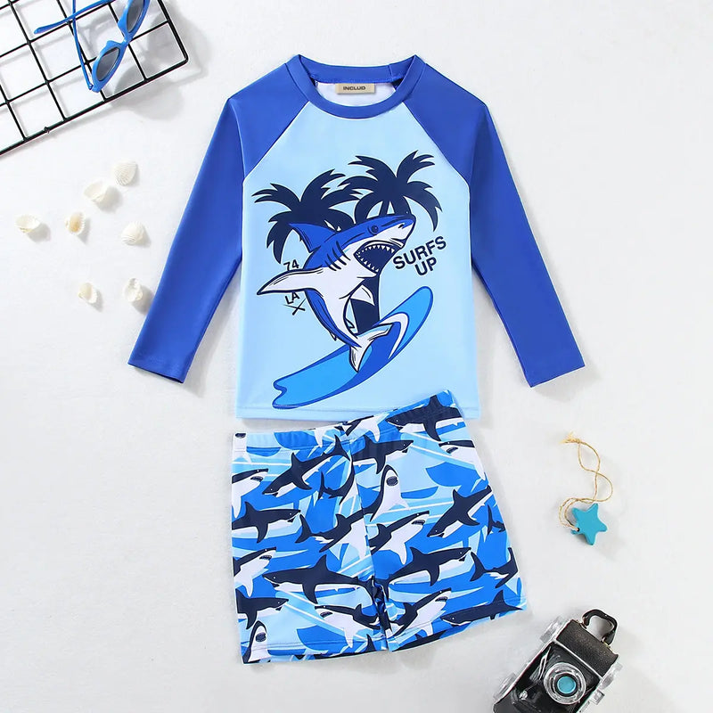 Boys Light Blue Graphics Long Sleeves T-Shirt & Shorts Swimsuit Sets Sets Light Blue 3-4 Y