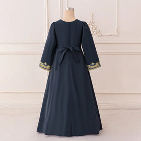 Girls Dark Grey Embroidered Drop-Waist Dress With Long Sleeeves Casual Dresses