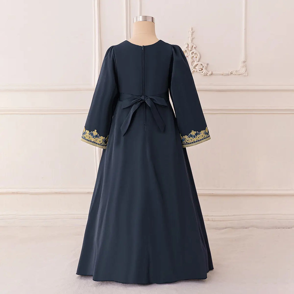 Girls Dark Grey Embroidered Drop-Waist Dress With Long Sleeeves Casual Dresses