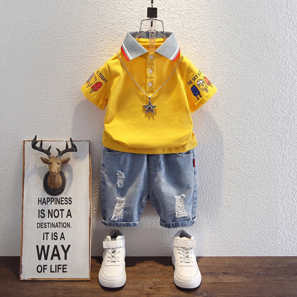 Boys Yellow Short Sleeve Polo T-Shirt With Denim Shorts Sets 2 pc. Sets Yellow 1-2 Y