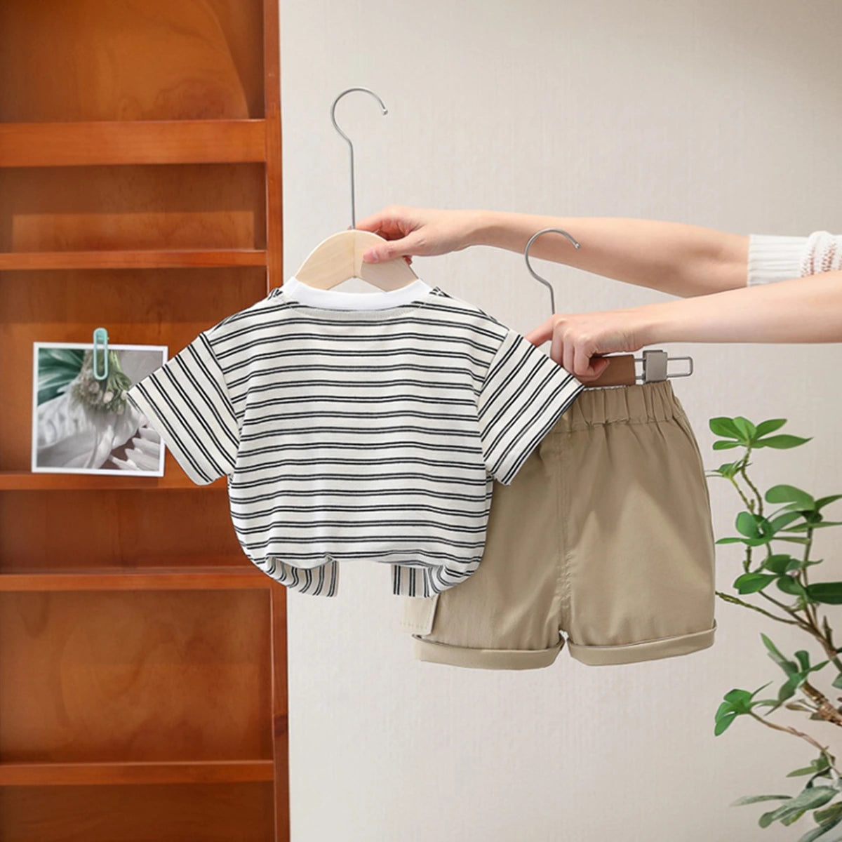Boys Striped Bear Printed Short Sleeve T-Shirt With Beige Elasticated Shorts Sets 2 pc. Sets