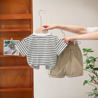 Boys Striped Bear Printed Short Sleeve T-Shirt With Beige Elasticated Shorts Sets 2 pc. Sets