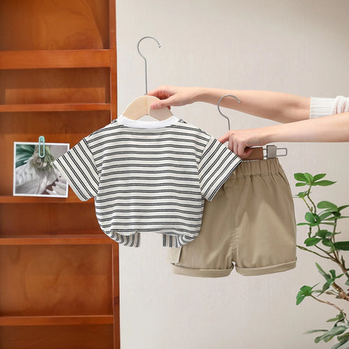 Boys Striped Bear Printed Short Sleeve T-Shirt With Beige Elasticated Shorts Sets 2 pc. Sets