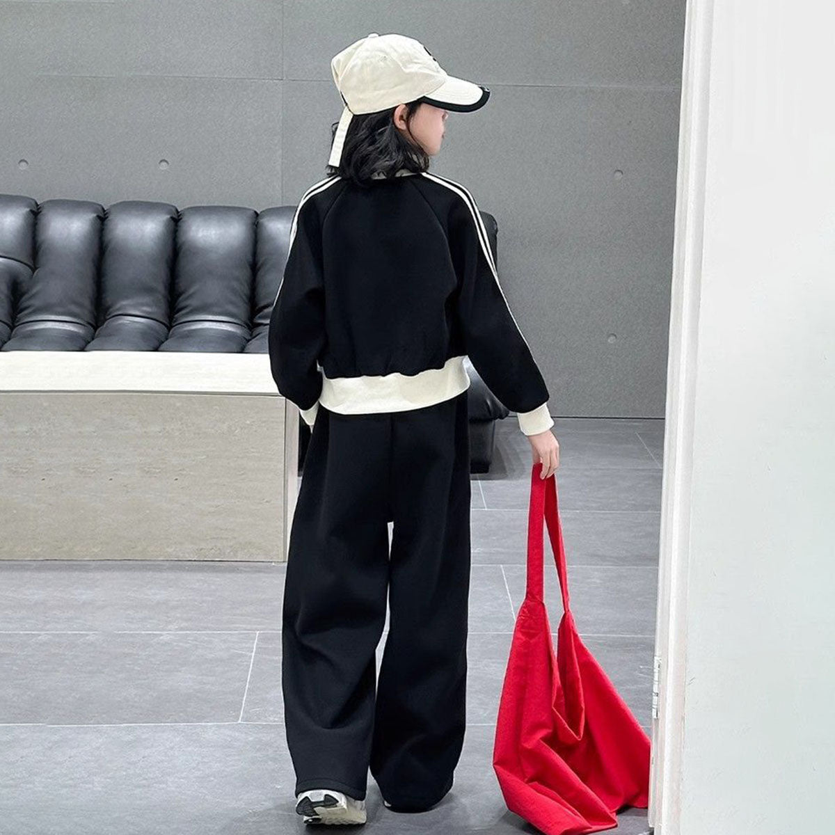 Girls Black Solid Front Zipper Jacket With Flared Pants Winter Set 2 pc. Sets