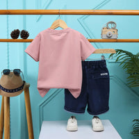 Boys Peach Typographic Printed T-Shirt With Denim Shorts Sets 2 pc. Sets