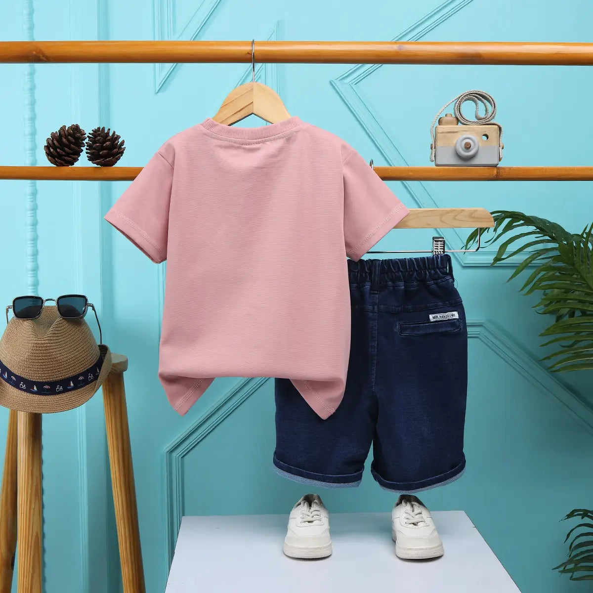 Boys Peach Typographic Printed T-Shirt With Denim Shorts Sets 2 pc. Sets