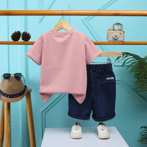 Boys Peach Typographic Printed T-Shirt With Denim Shorts Sets 2 pc. Sets
