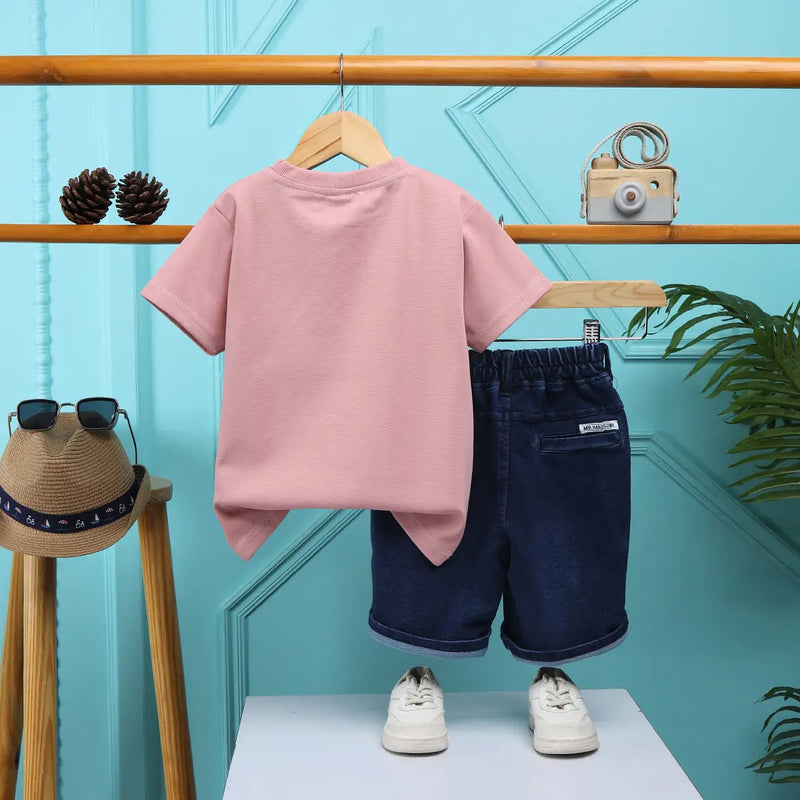 Boys Peach Typographic Printed T-Shirt With Denim Shorts Sets 2 pc. Sets