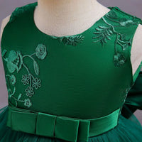 Girls Green Embroidered Sleeveless Layered Party Dress With Bow Party Dresses