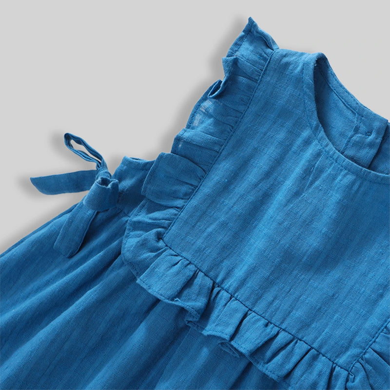 Girls Blue Textured Sleeveless Fit & Flare Dress Casual Dresses