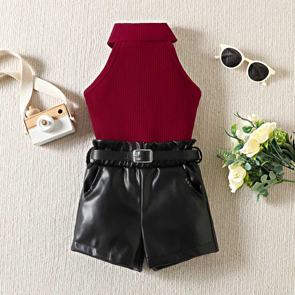 Girls Halter Neck Top With PU Leather Shorts Set