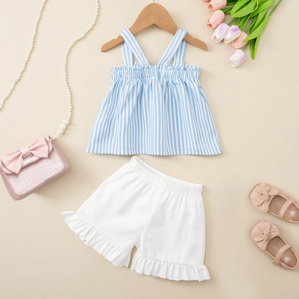 Girls Light Blue Stripes Sleeveless Top With Shorts Set Sets
