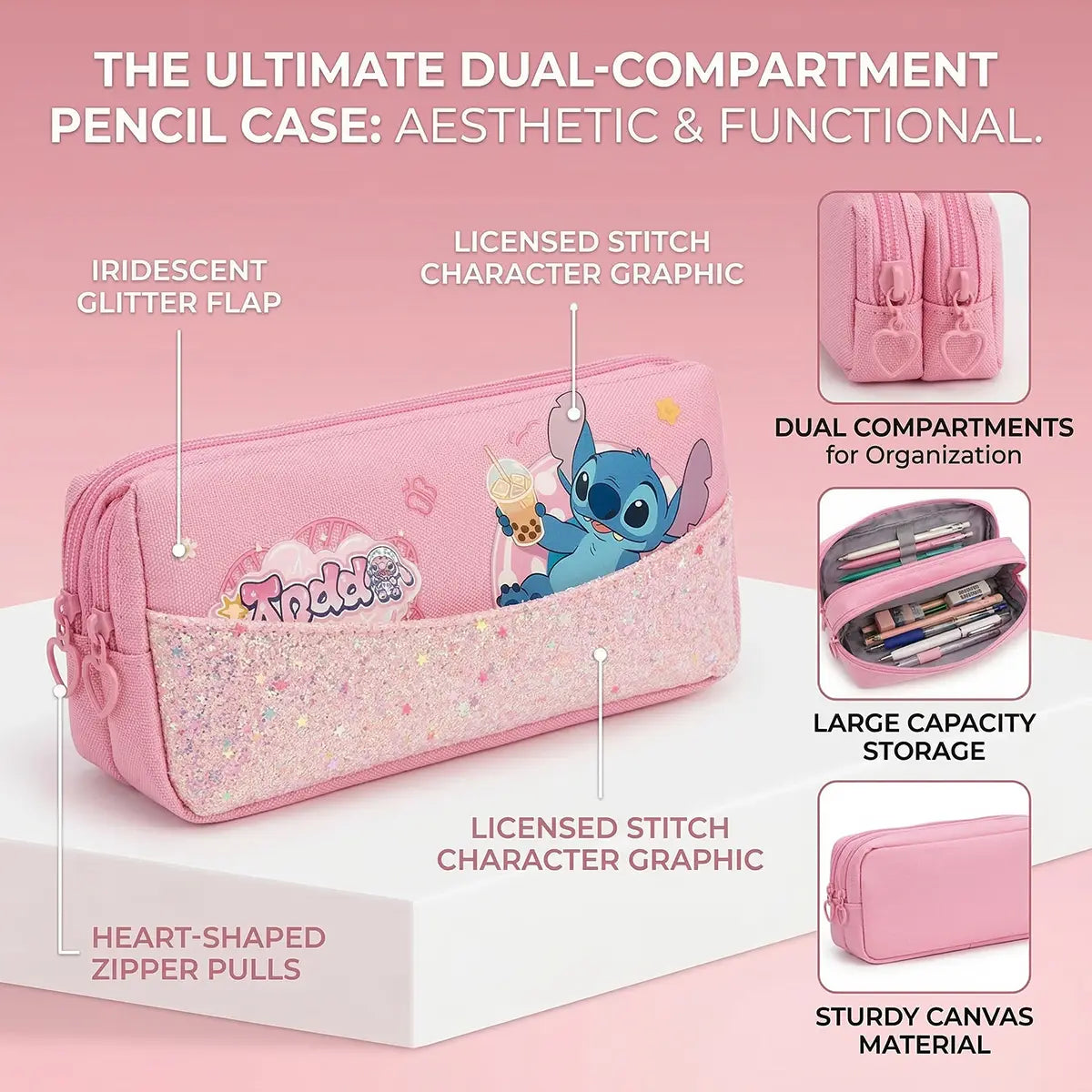 Girls Pink Disney Stitch Glitter Pencil Case Trending Accessories