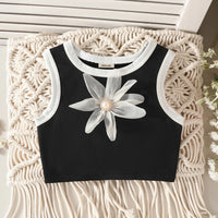 Girls Black Flower Applique Sleeveless Crop Top With Shorts Set Sets