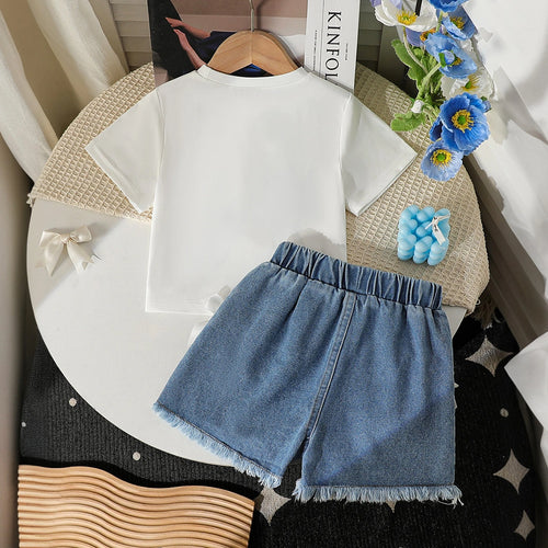 Girls White Printed Bow Short Sleeve T-Shirt With Denim Shorts Sets 2 pc. Sets