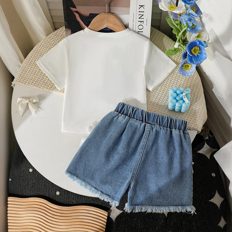 Girls White Printed Bow Short Sleeve T-Shirt With Denim Shorts Sets 2 pc. Sets