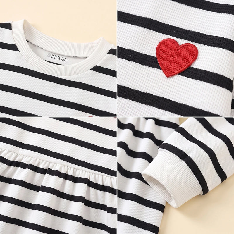 Girls Black Striped Long Sleeve Fit & Flare Dress Casual Dresses