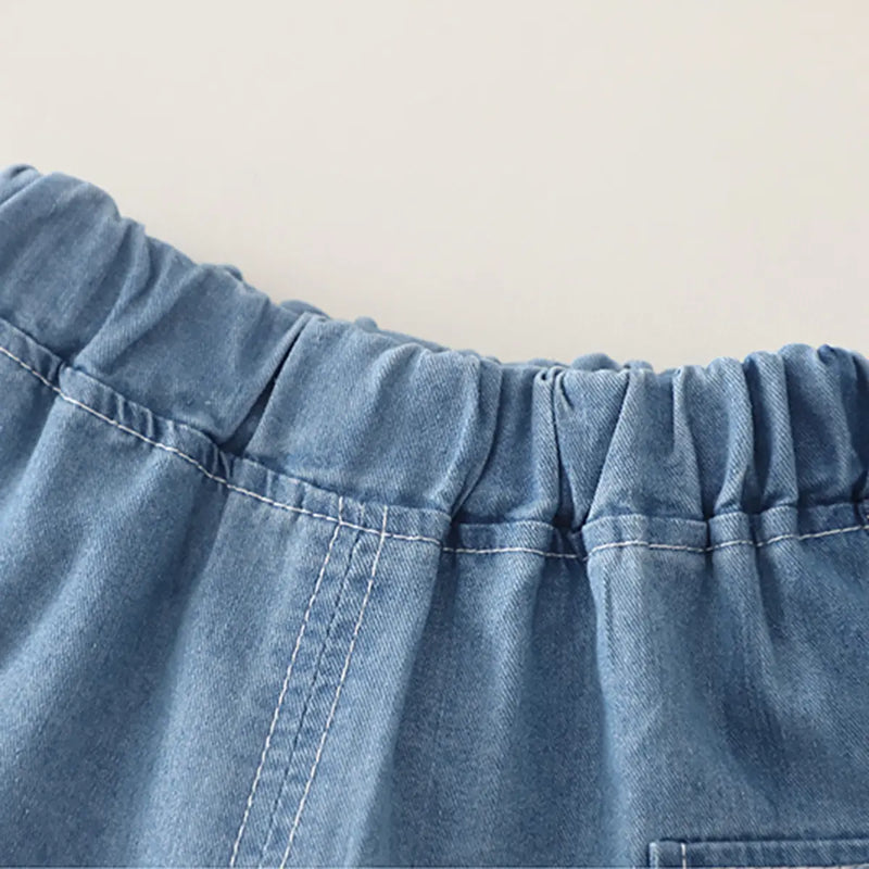 Boys Light Blue Denim Shirt & Cargo Shorts With Printed T-Shirt Sets Sets
