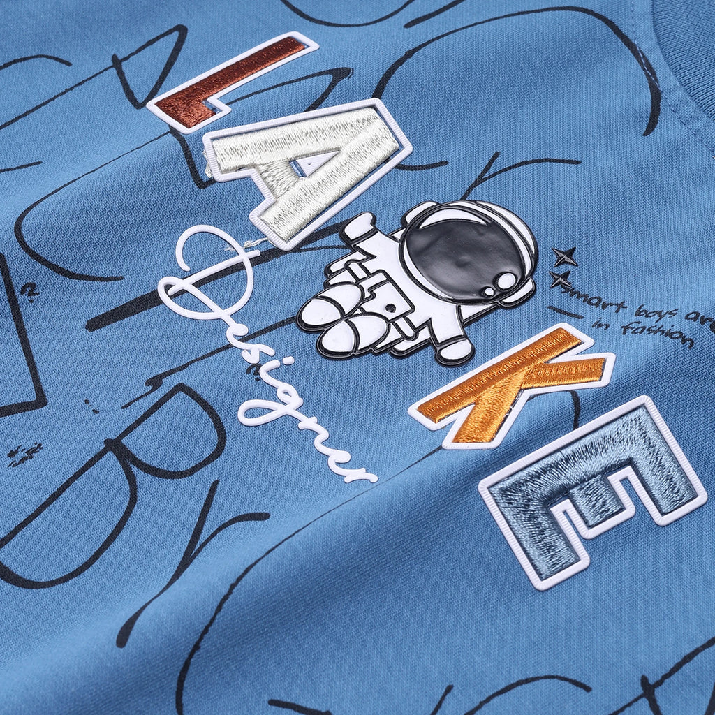 Boys Blue Astronaut Graphic Short Sleeve T-shirt With Drawstring Shorts And Bag Sets Sets