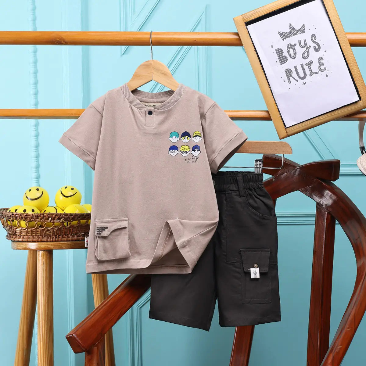 Boys Grey Printed Short Sleeve T-Shirt With Elasticated Shorts Sets 2 pc. Sets Grey 2-3 Y