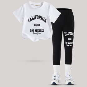 Girls White Typographic Printed Short Sleeves T-Shirt With Pants Set 2 pc. Sets White 3-4 Y