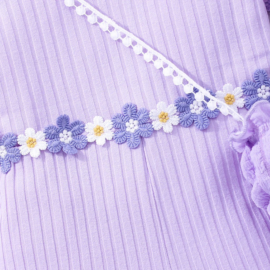 Girls Purple Ribbed Above Knee Length Jumpsuit with Sling Bag Jumpsuits