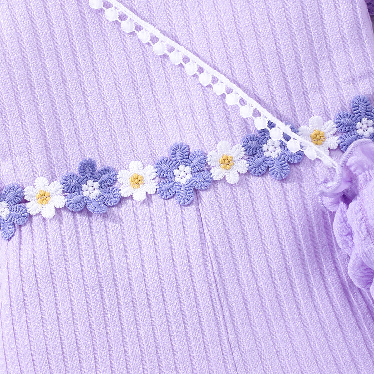 Girls Purple Ribbed Above Knee Length Jumpsuit with Sling Bag Jumpsuits