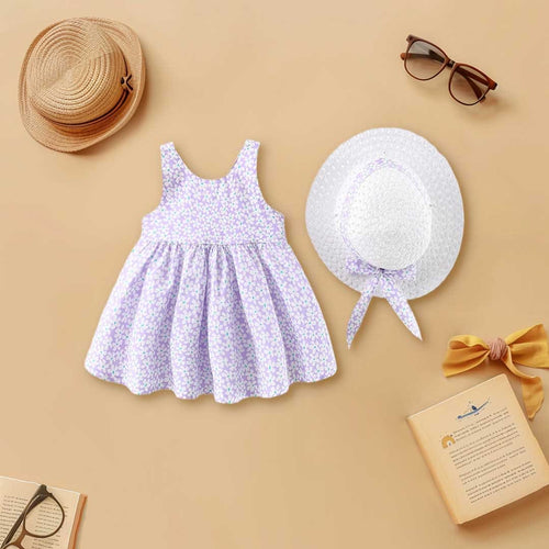 Girls Floral Print Sleeveless Casual Dress with Hat Casual Dresses Purple 1-2 Y 