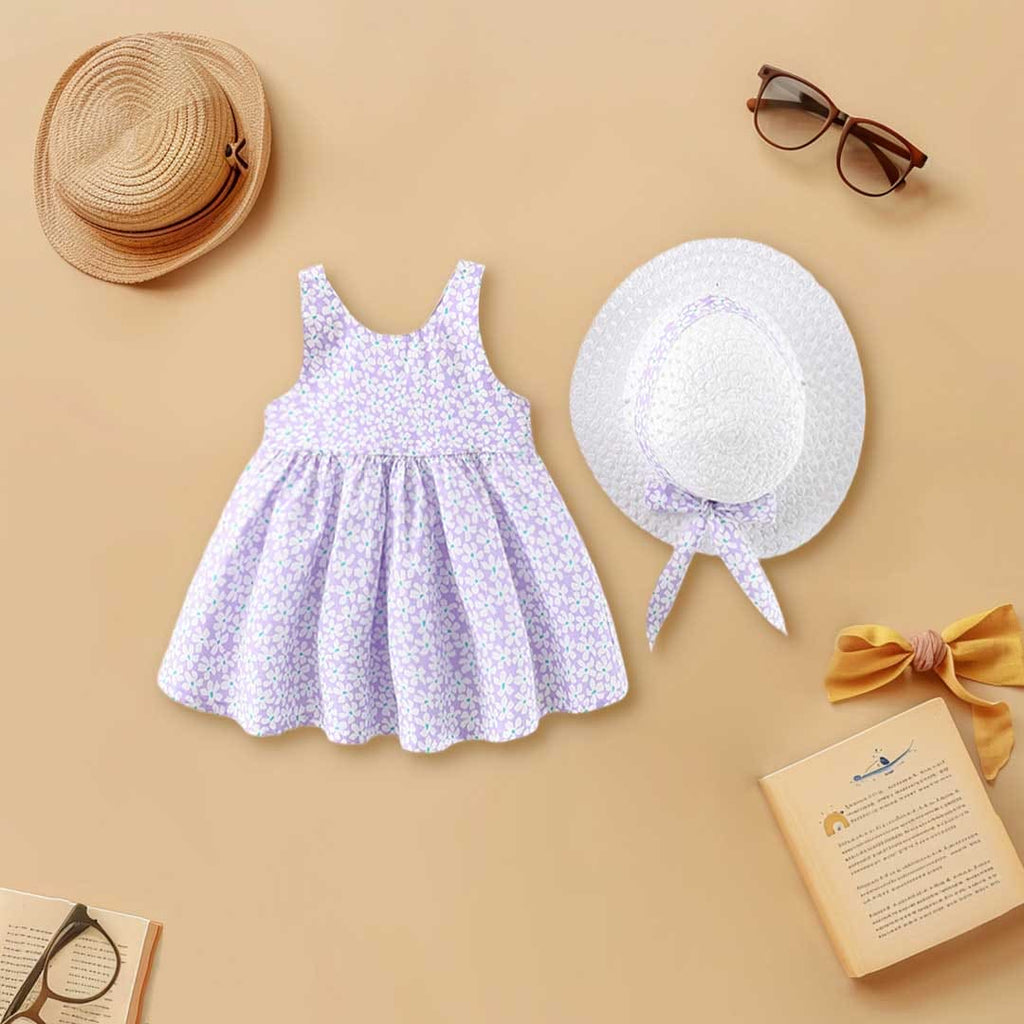 Girls Floral Print Sleeveless Casual Dress with Hat