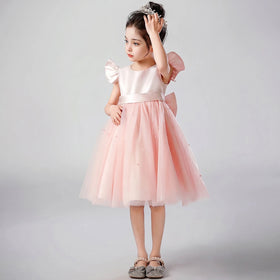 Girls Light Pink Pearl-Embellished Flutter Sleeve Fit & Flare Dress Casual Dresses