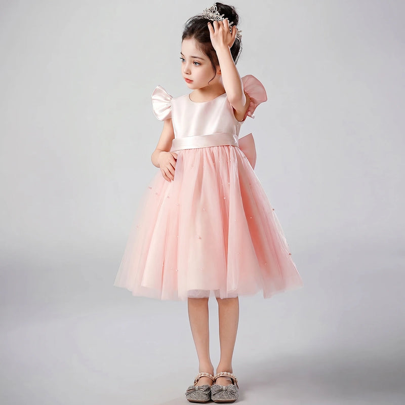 Girls Light Pink Pearl-Embellished Flutter Sleeve Fit & Flare Dress Casual Dresses