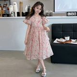 Girls Pink Floral Print Fit & Flare Dress With Puff Sleeves