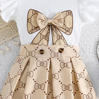 Girls White Bow Printed Top With Skirt Sets Sets