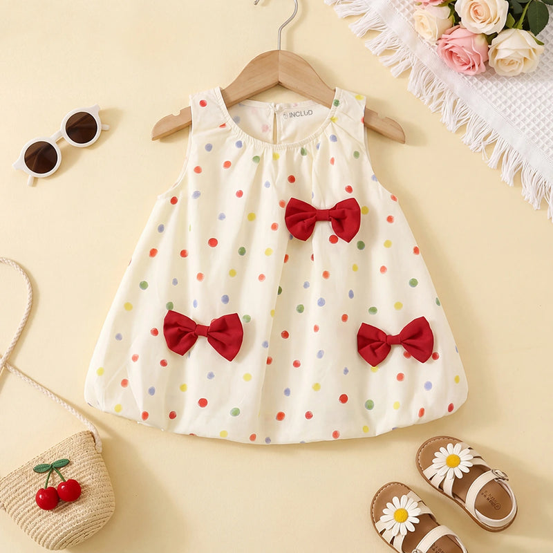 Girls Red Bow Applique Polka Dot Print Sleeveless A-Line Dress Casual Dresses Red 1-2 Y