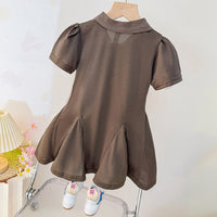 Girls Brown Puff Sleeve Shirt Collar Fit & Flare Dress Casual Dresses