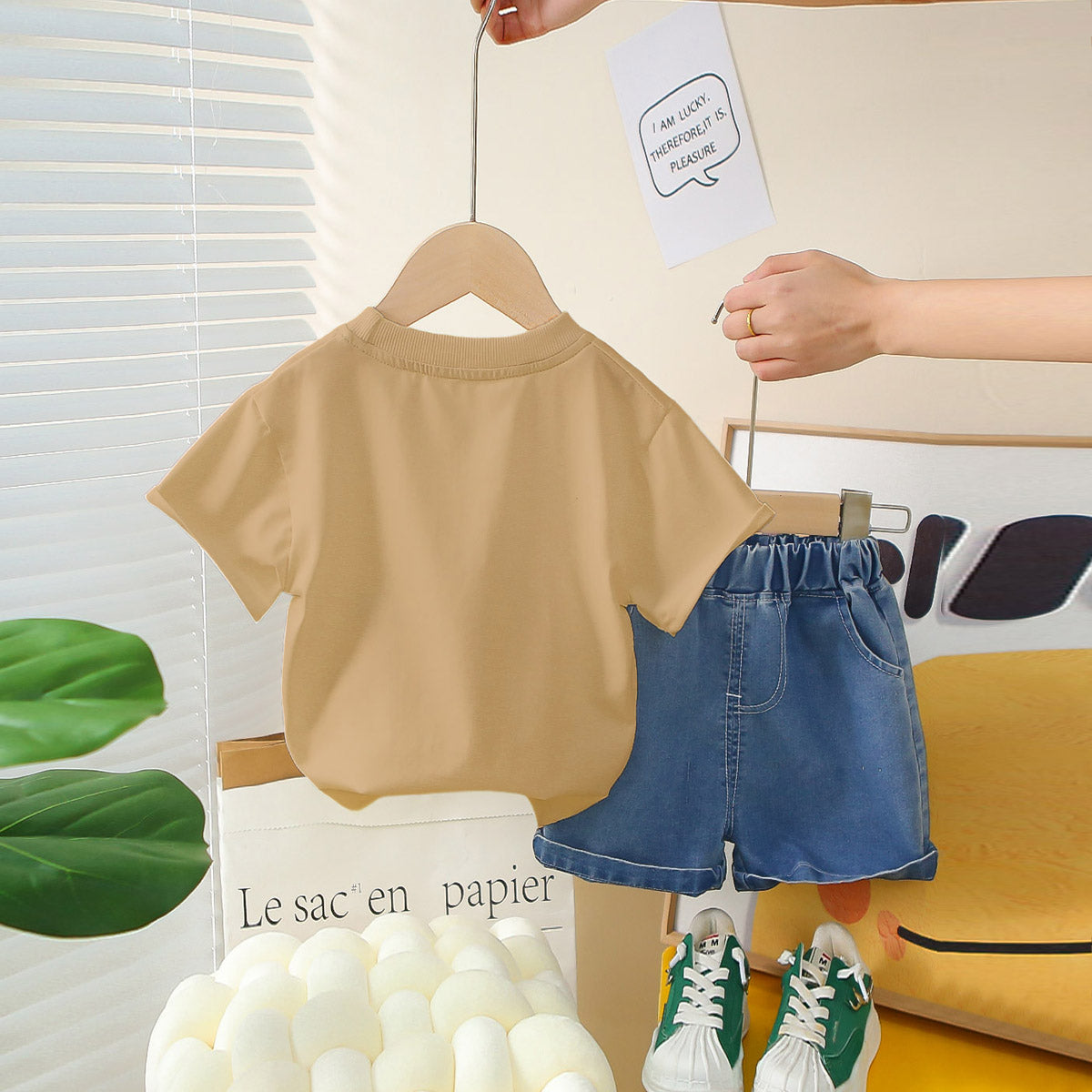 Boys Light Brown Car Printed Short Sleeves T-Shirt With Denim Shorts Set 2 pc. Sets