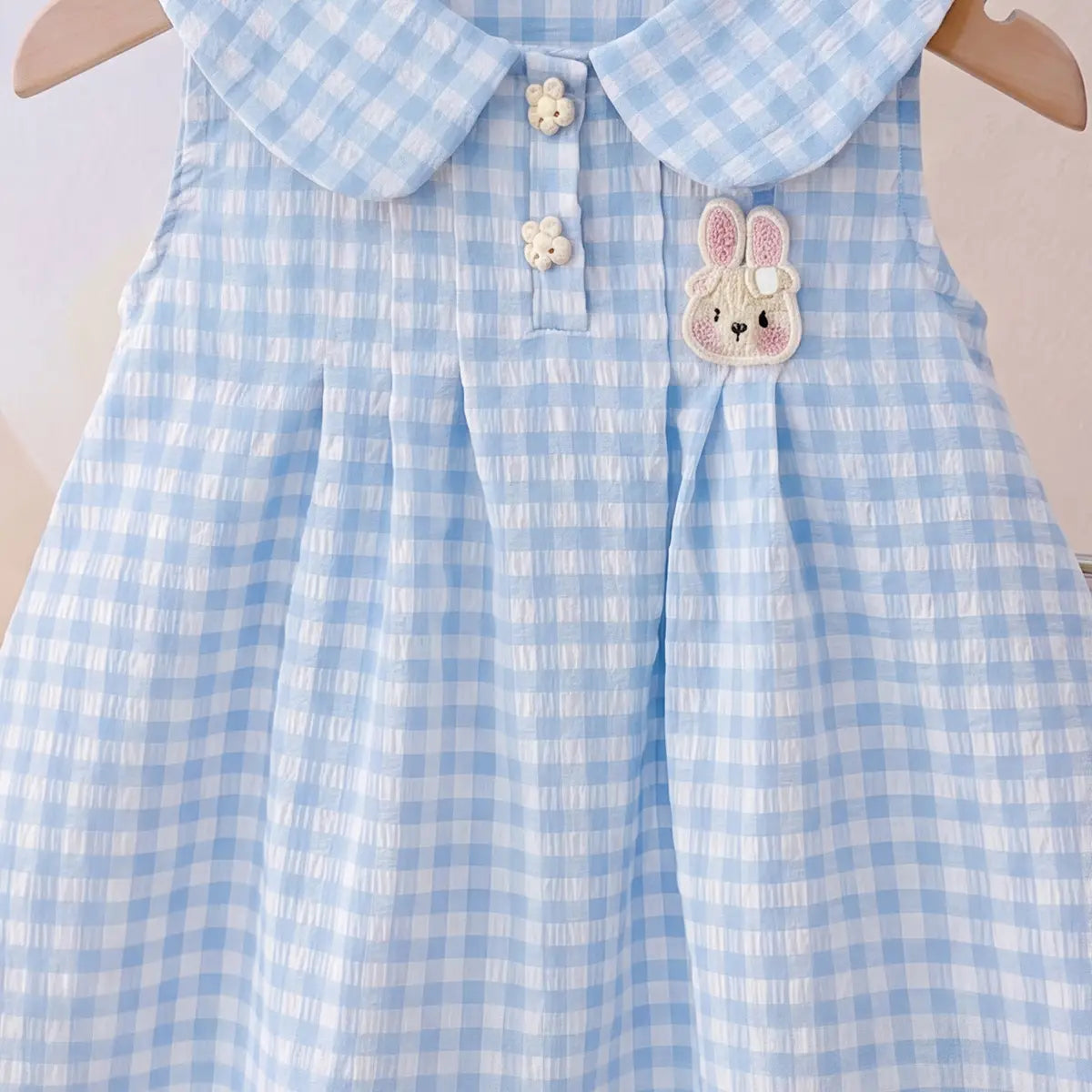 Girls Light Blue Checked Rabbit Applique Sleeveless A-Line Dress Casual Dresses