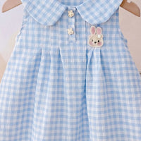 Girls Light Blue Checked Rabbit Applique Sleeveless A-Line Dress Casual Dresses