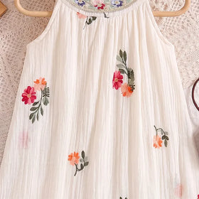 Girls Off White Floral Embroidered Sleeveless A-line Dress Casual Dresses